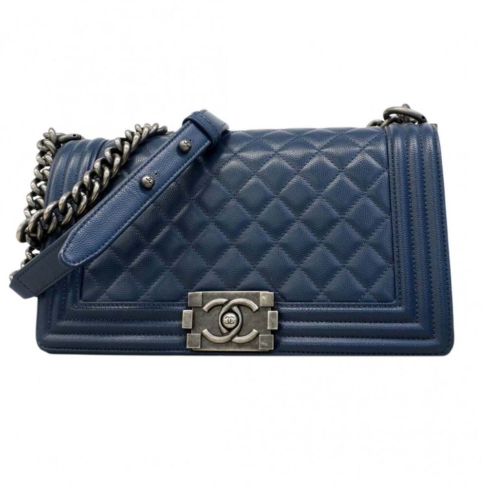 Chanel Boy Chain Shoulder Bag, Caviar Leather, Navy, Women's